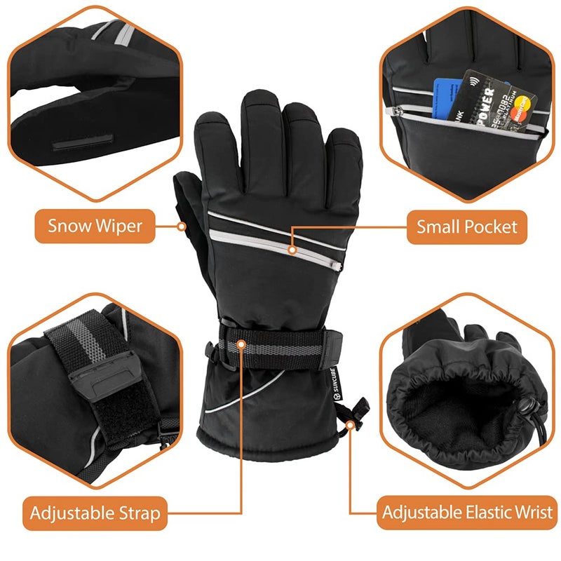Suncube SUN CUBE Ski Gloves Men Women, Waterproof Thermal Winter Snow Gloves, Windproof 3M Thinsulate Snowboarding Snowmobile Skiing, Insulated Warmers Zipper Pocket Cold Weather Outdoor Snowboard, Black M - Image 4